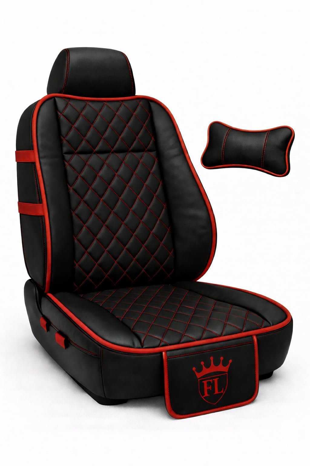 3D FRONTLINE Ultra Comfort Luxury PU Leather Black Seat Cover Cushion for All The Cars,SUV,Office Chair,Home Chair with Neck Rest Pillow-Easy Strap Fit,Pocket Flap(Universal Fit,1 Pack) - Image 2