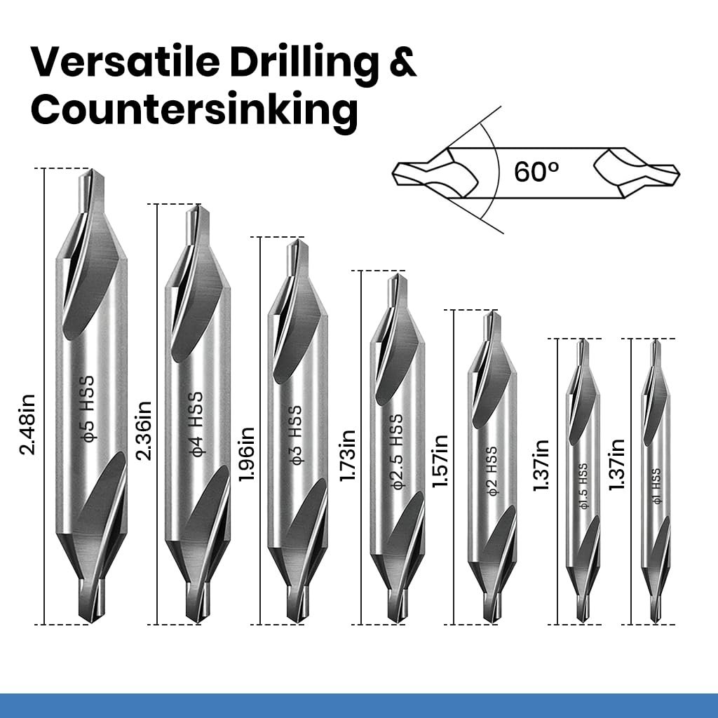 Serplex® 7 Pieces Center Drill Bits Set M2 High Speed Steel Center Drill Kit Lathe Tools with 60-Degree Angle for Lathe Metalworking and Precision Drilling in Size 1.0 1.5 2.0 2.5 3.0 4.0 5.0 - Image 2