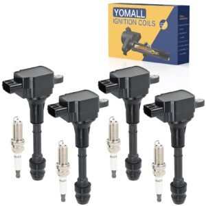YOMALL 4PCS UF350 Ignition Coils + 4PCS 4469 Iridium Spark Plugs Ignition Coils Pack Fits for 2002-2006 Altima, 2002-2006 Sentra 2.5L, Coil Pack Set Aftermarket Parts