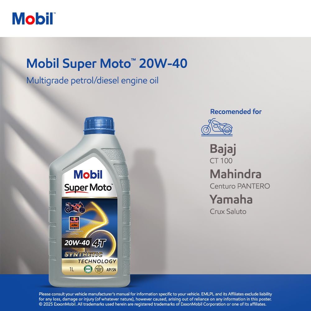Mobil Super Moto 20W-40 4T Synthetic Technology Engine Oil for Bikes (1L) - Image 4