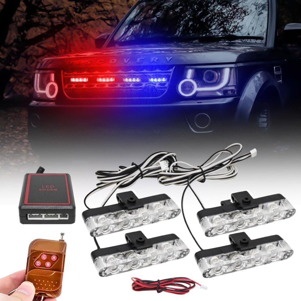 FABTEC Car Grill Red & Blue LED Daytime Running Light DRL Police Flasher Emergency Warning Strobe Light for Cars with Controller & Flashing Modes