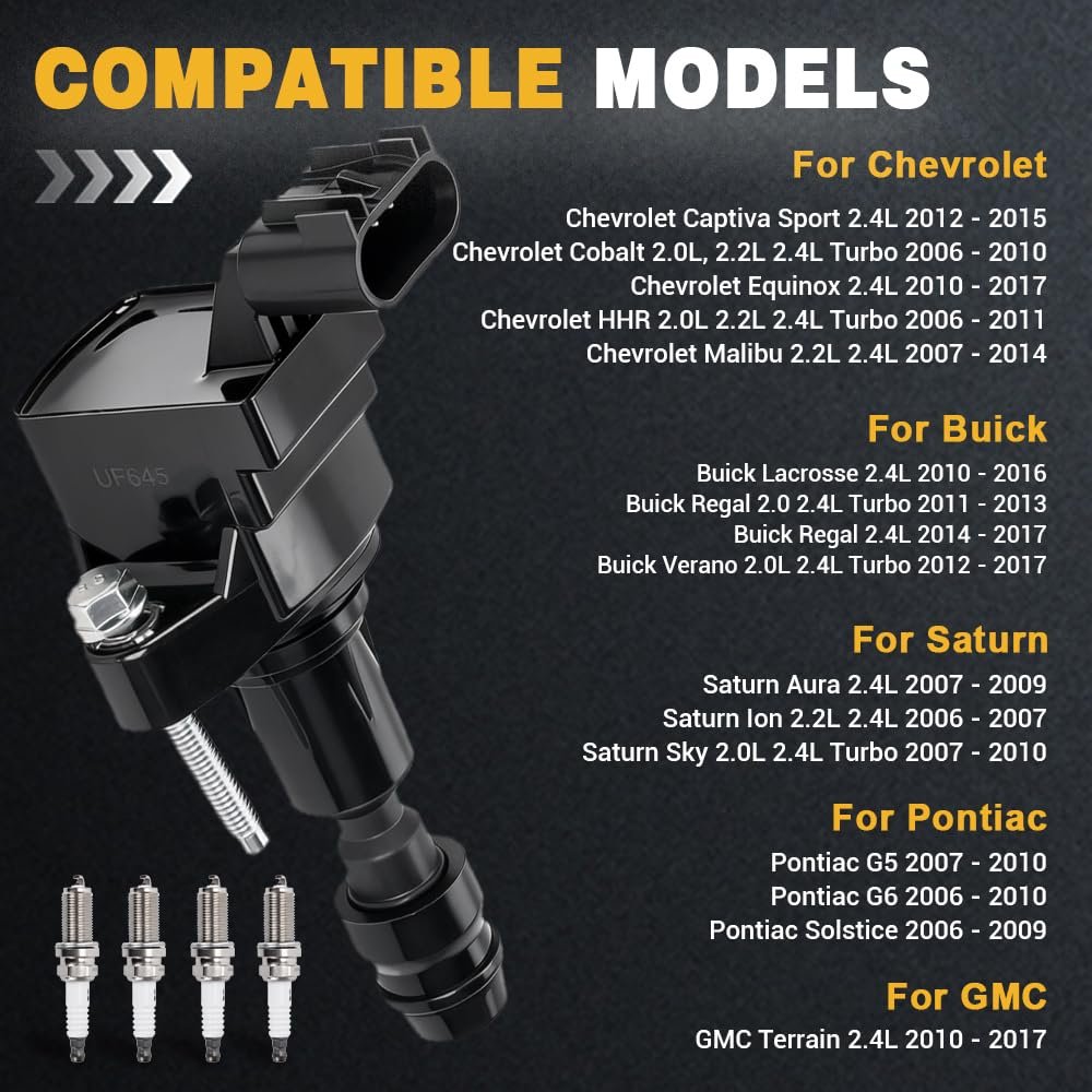 muge racing UF645 Ignition Coil Pack and Iridium Spark Plugs Compatible with Buick LaCrosse Regal Verano, Chevrolet Captiva Sport Cobalt Equinox HHR Malibu, GMC Terrain, Pontiac, Saturn, Replace#UF491