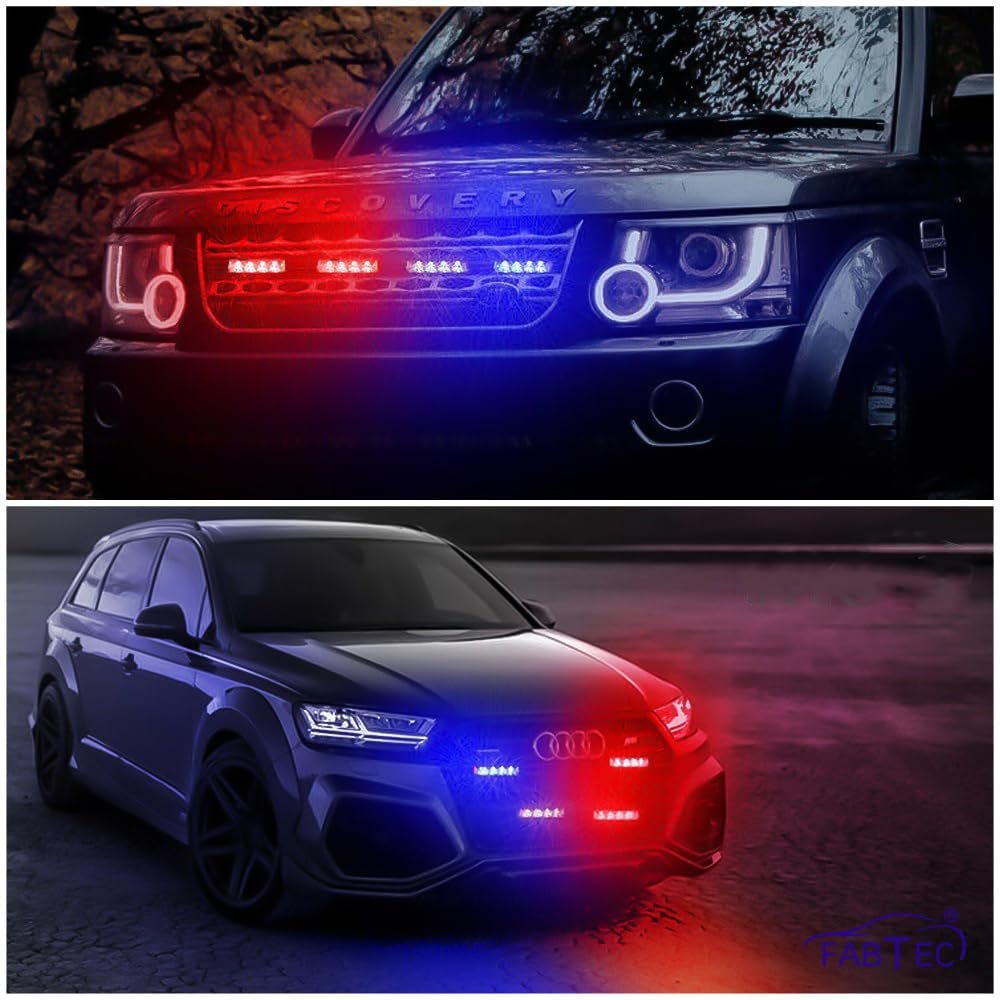FABTEC Car Grill Red & Blue LED Daytime Running Light DRL Police Flasher Emergency Warning Strobe Light for Cars with Controller & Flashing Modes - Image 3
