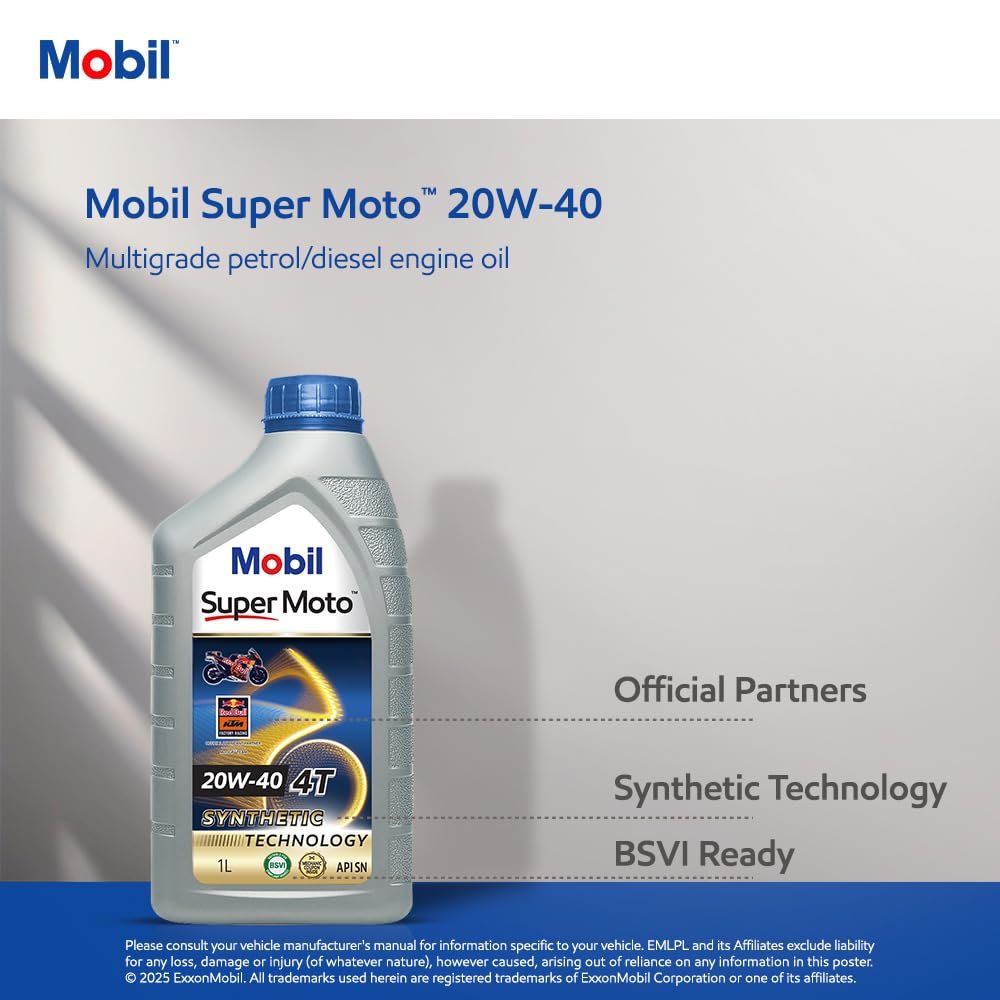 Mobil Super Moto 20W-40 4T Synthetic Technology Engine Oil for Bikes (1L) - Image 3