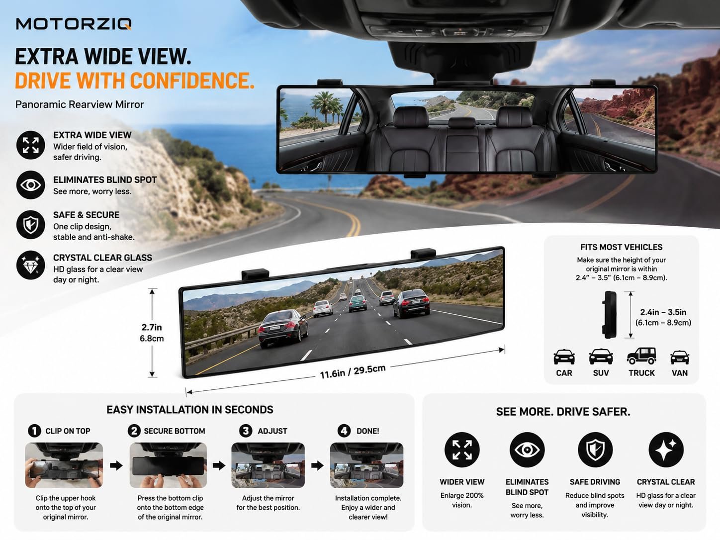 Car Panoramic Rear View Mirror | Wide Angle Blind Spot Mirror for Car | Interior Rearview Mirror Clip-On | Anti-Glare Large Vision Safety Mirror for Cars, SUVs & Trucks - Image 9