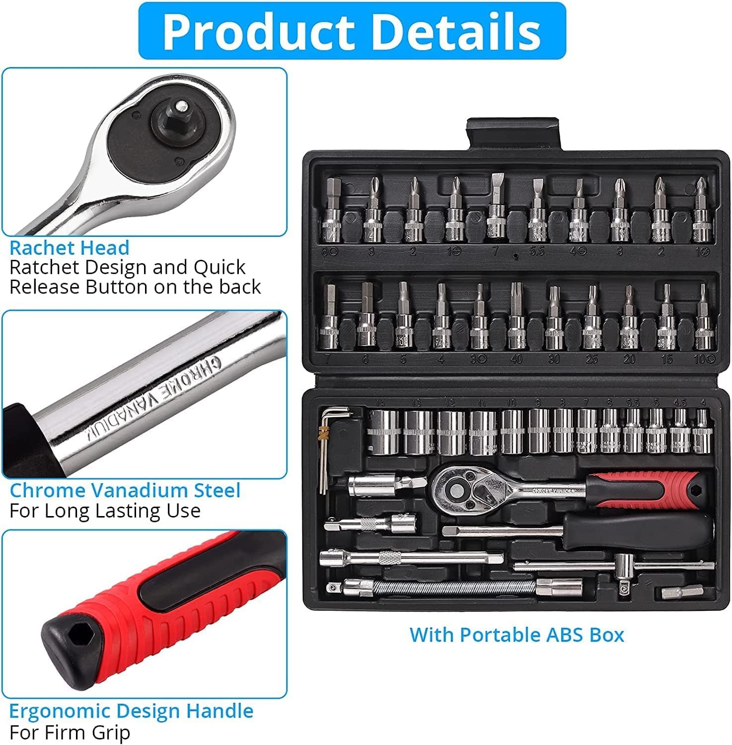 ZSIGNS 46Pcs 1/4 Inch Drive Box End Socket Set,Metric Ratchet Wrench Set With 4-14Mm Cr-V Sockets,S2 Bits,Extension Bars,Mechanic Tool Kits For Household Auto Repair (Black), Chrome Vanadium Steel - Image 4