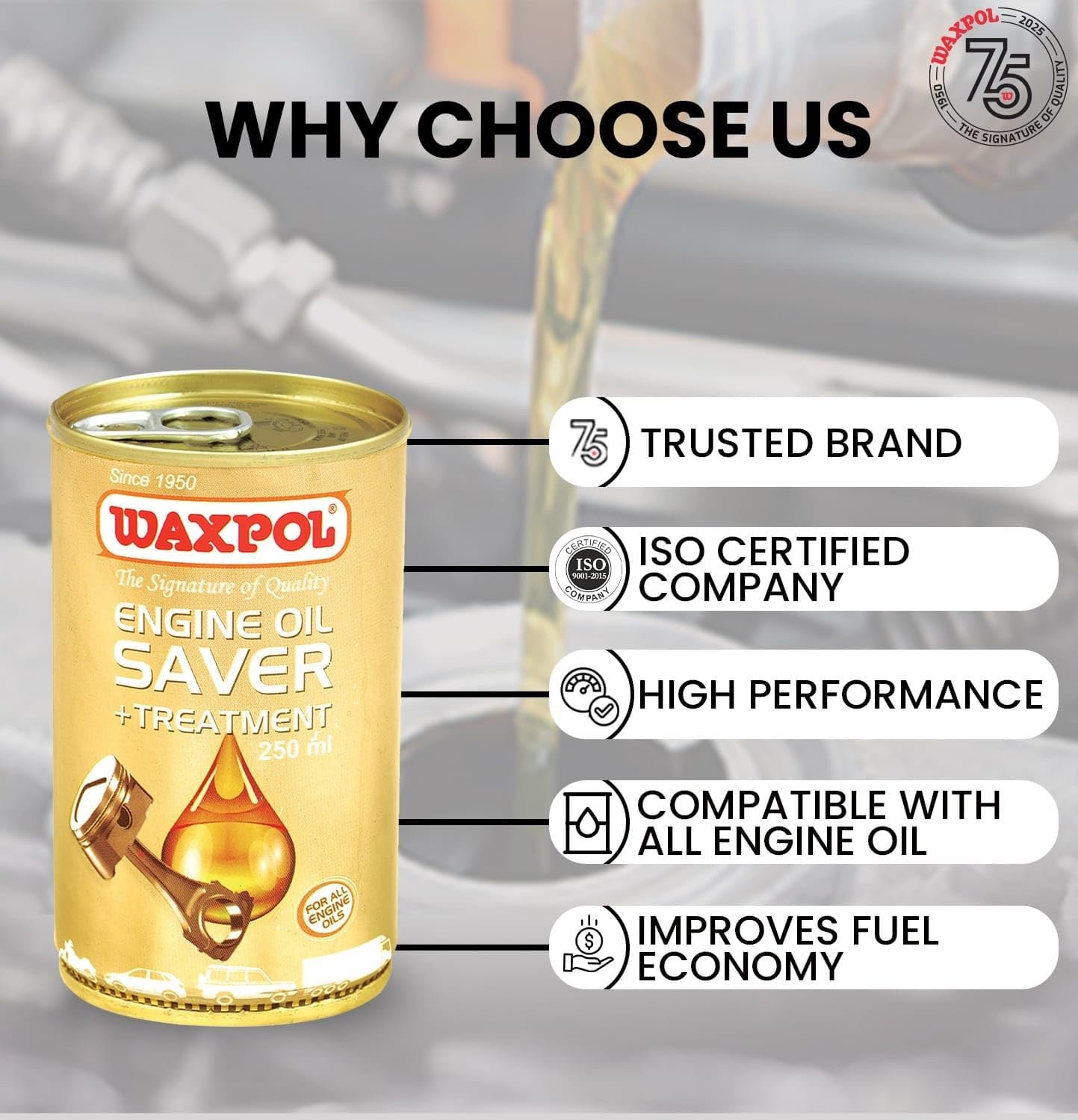 Waxpol Engine Oil Saver & Treatment 250 ml | Reduces Oil Burning & Leakage | Improves Compression | Restores Engine Performance | Car & Bike Engine Additive - Image 2