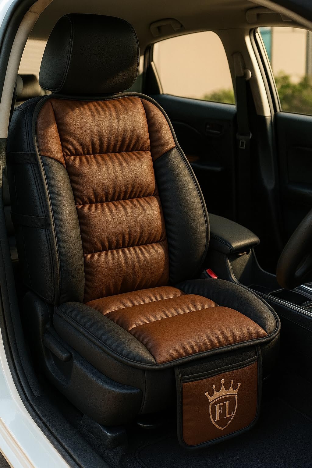 3D FRONTLINE Ultra Comfort Luxury PU Leather Brown Seat Cover Cushion for All The Cars,SUV,Office Chair,Home Chair-Easy Strap Fit,Pocket Flap(Universal Fit,1 Pack) - Image 2