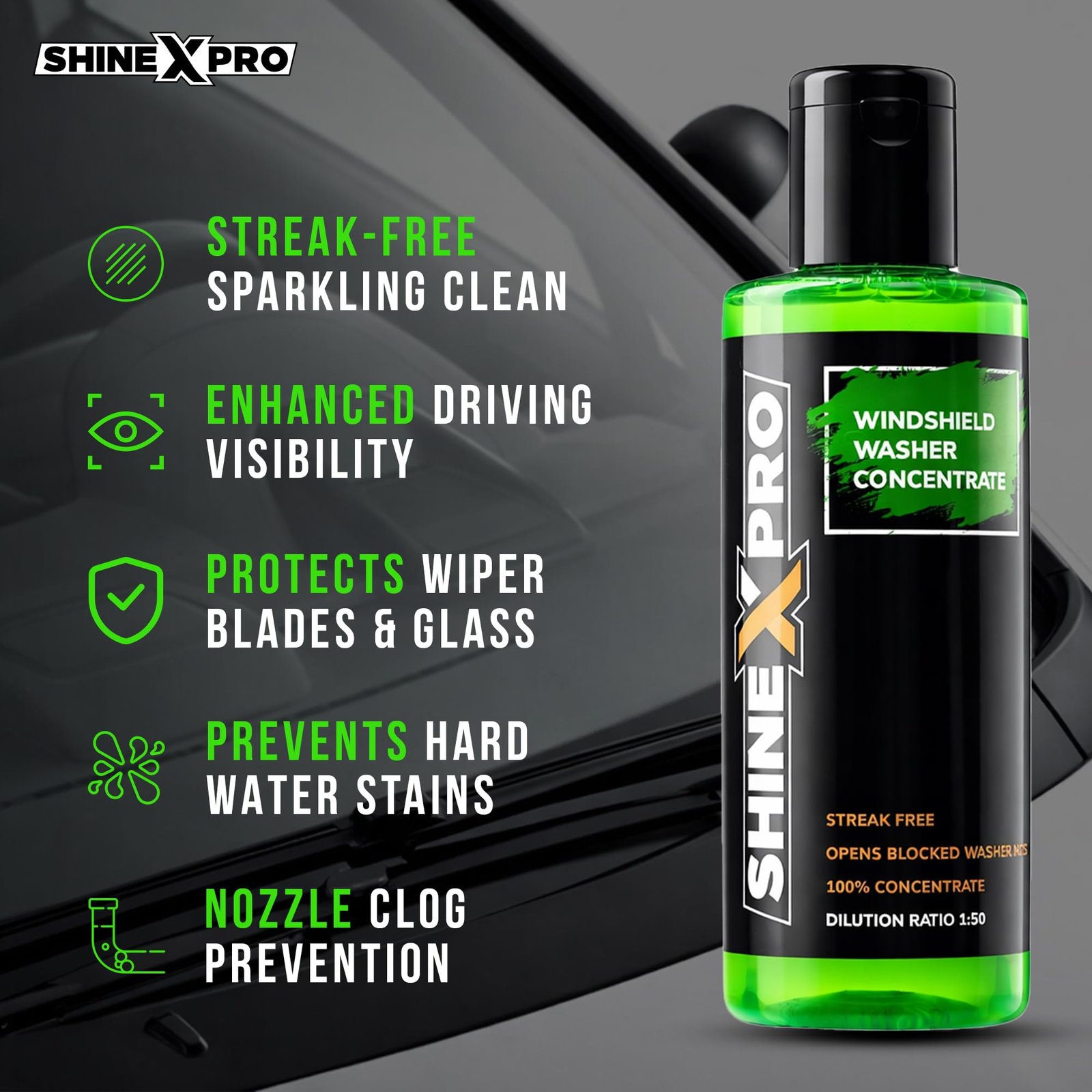 ShineXPro 200mL Windshield Washer Fluid For Car - Car Windshield Cleaner Liquid In Concentrate Form (20mL Enough For 1L Tank) - Get A Streak Free Finish With Our Car Wiper Liquid - Image 2