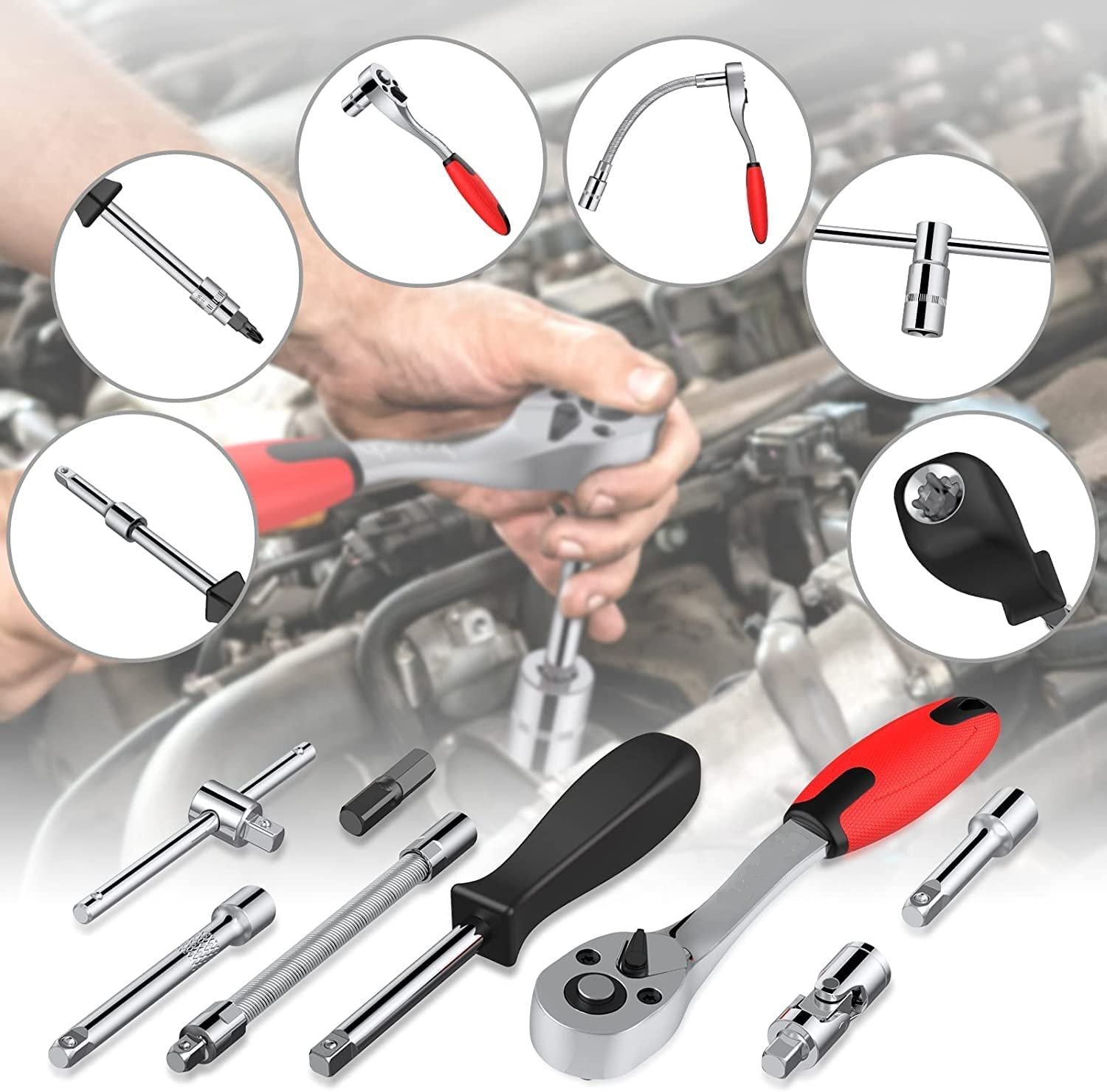 ZSIGNS 46Pcs 1/4 Inch Drive Box End Socket Set,Metric Ratchet Wrench Set With 4-14Mm Cr-V Sockets,S2 Bits,Extension Bars,Mechanic Tool Kits For Household Auto Repair (Black), Chrome Vanadium Steel - Image 8