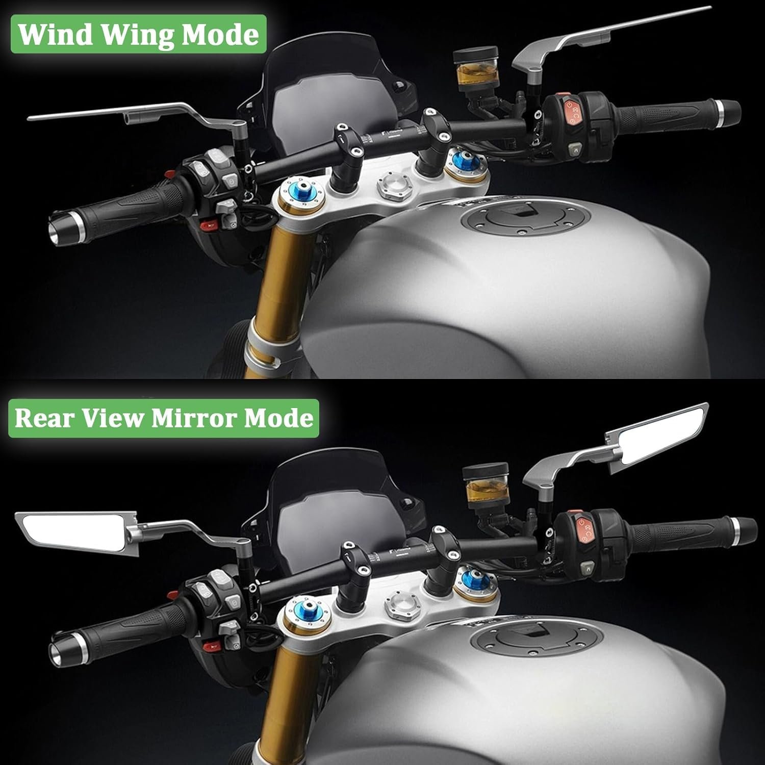 Eliane Universal Motorcycle Bike Mirrors Set Adjustable Rotating Rear View Mirror Stealth Wind Wing Side For All Bikes (York nut Fitting 8mm, 10mm) - Image 2