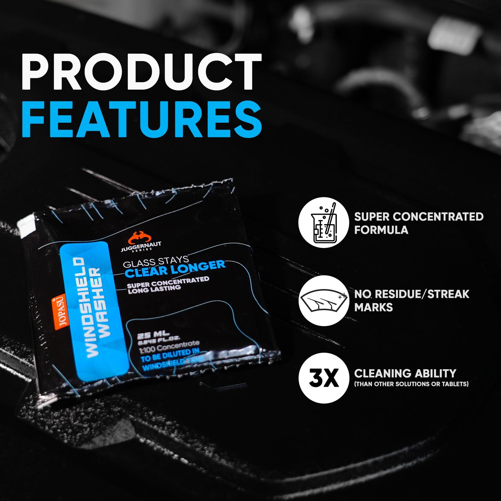 JOPASU Windshield Washer Fluid – Car Windshield Cleaner Liquid Pouch, 25ml X 10 | Super Concentrated Formula | Crystal Clear, Spot-Free & Streak-Free Cleaning - Image 3