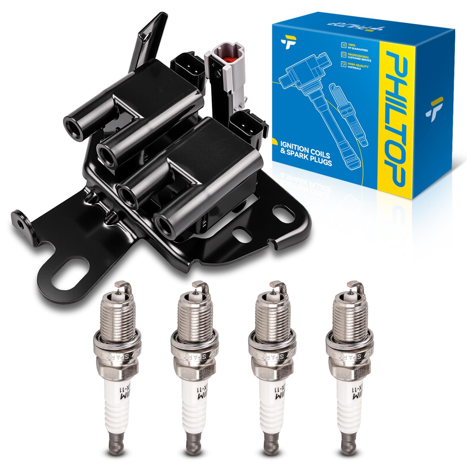 PHILTOP Set of 4 Ignition Coil Pack and Iridium Spark Plugs Fits for 2001-2002 Hyundai Elantra
