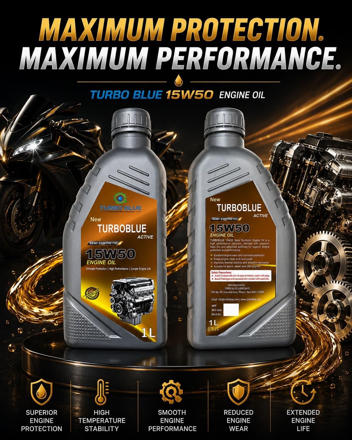 TURBO BLUE 15W50 Engine Oil 1 Litre High Performance Motorcycle Engine Lubricant Enhanced Engine Protection & Smooth Performance Pack of 1 - Image 2