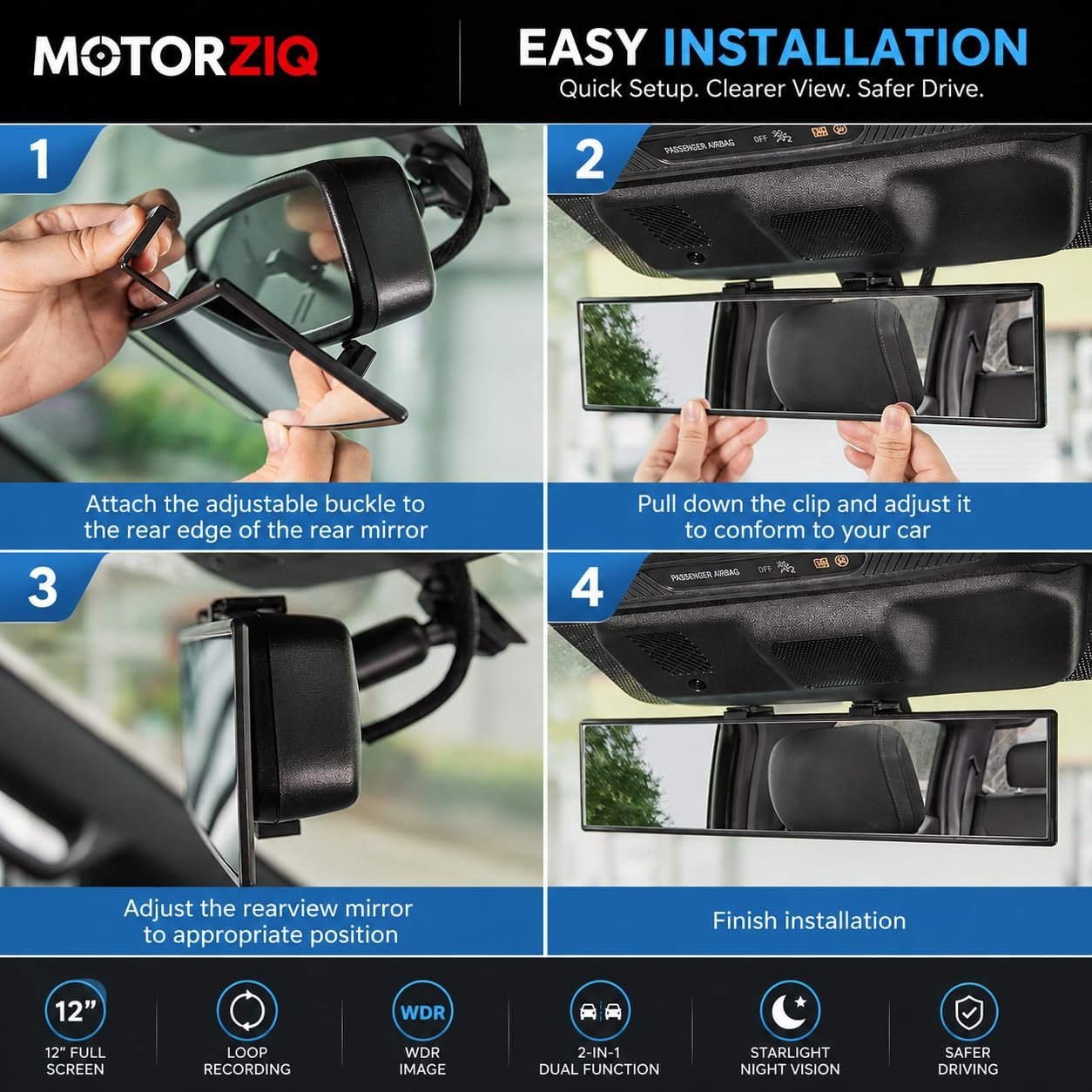 Car Panoramic Rear View Mirror | Wide Angle Blind Spot Mirror for Car | Interior Rearview Mirror Clip-On | Anti-Glare Large Vision Safety Mirror for Cars, SUVs & Trucks - Image 5