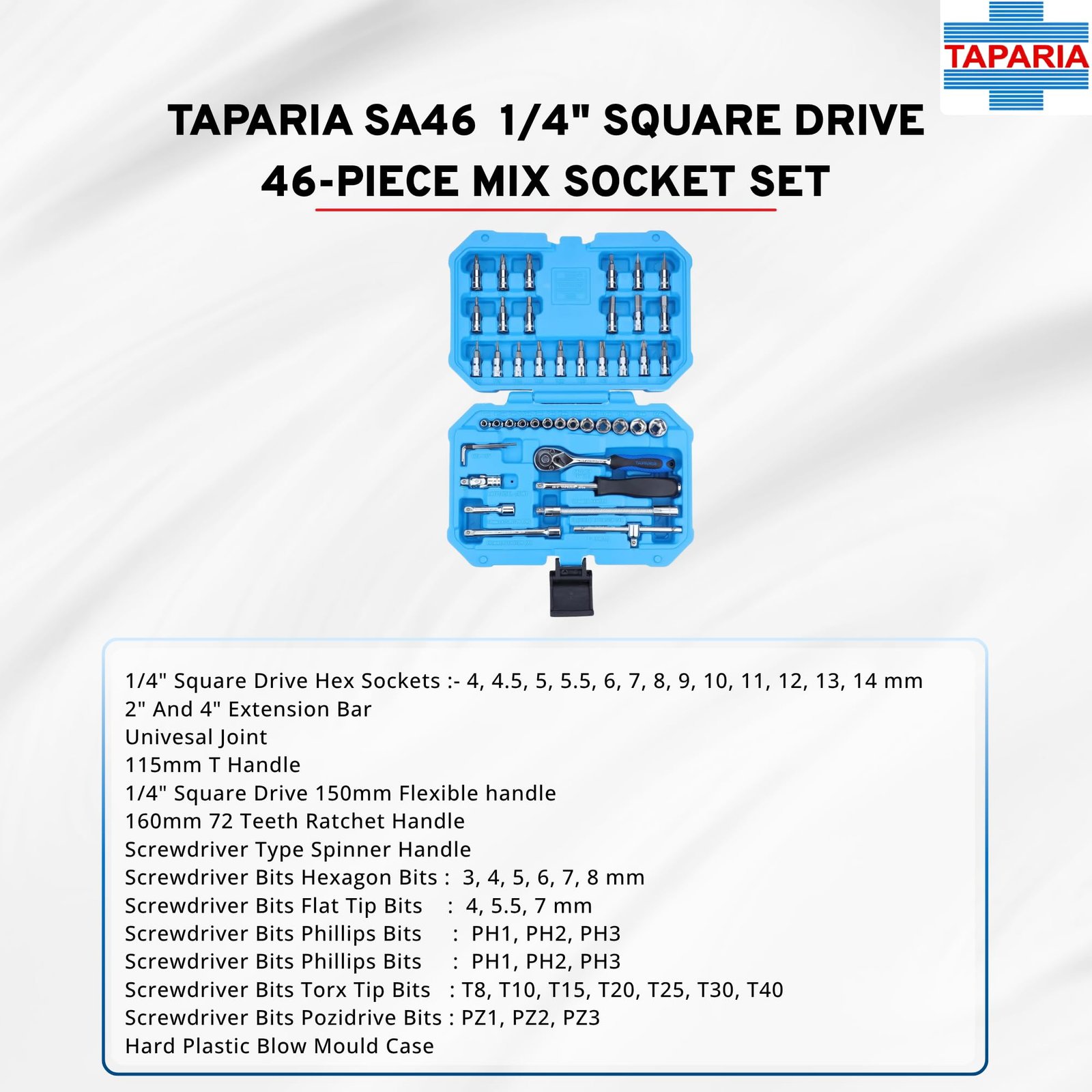 Taparia SA46 Socket Set, 1/4 Inch Drive, 46 Pieces | Chrome Vanadium Steel Sockets & Bits | Professional Mechanic & Home Tool Kit. Suited for Professionals, Workshops, Industries and DIY. - Image 6