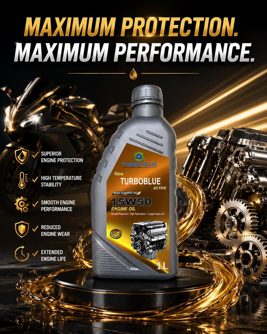 TURBO BLUE 15W50 Engine Oil 1 Litre High Performance Motorcycle Engine Lubricant Enhanced Engine Protection & Smooth Performance Pack of 1 - Image 3