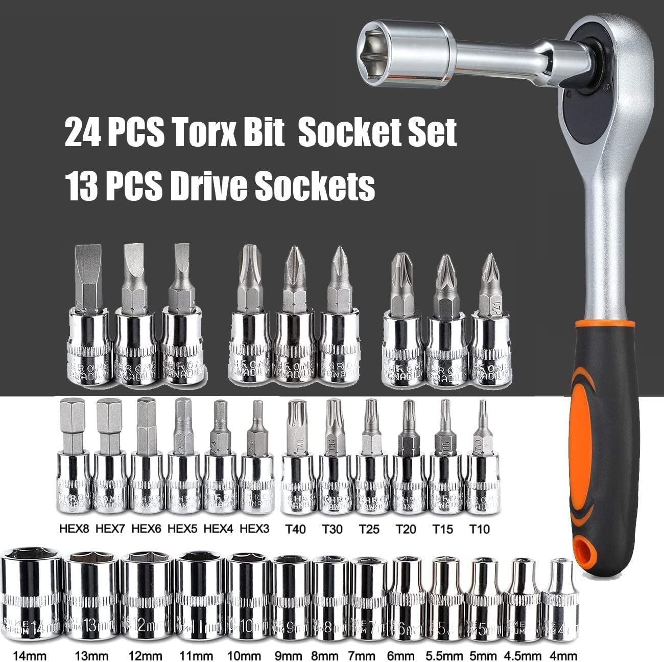 ZSIGNS 46Pcs 1/4 Inch Drive Box End Socket Set,Metric Ratchet Wrench Set With 4-14Mm Cr-V Sockets,S2 Bits,Extension Bars,Mechanic Tool Kits For Household Auto Repair (Black), Chrome Vanadium Steel - Image 2