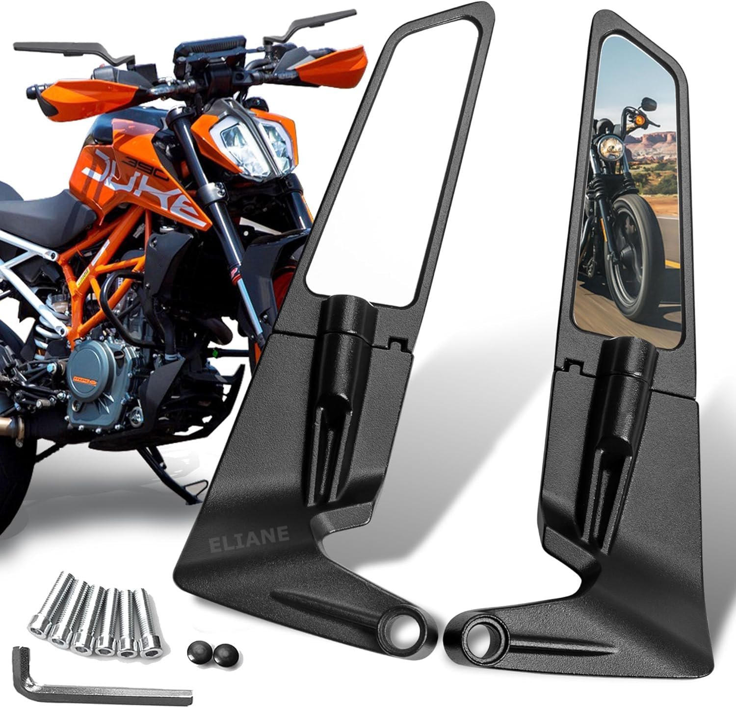 Eliane Universal Motorcycle Bike Mirrors Set Adjustable Rotating Rear View Mirror Stealth Wind Wing Side For All Bikes (York nut Fitting 8mm, 10mm)
