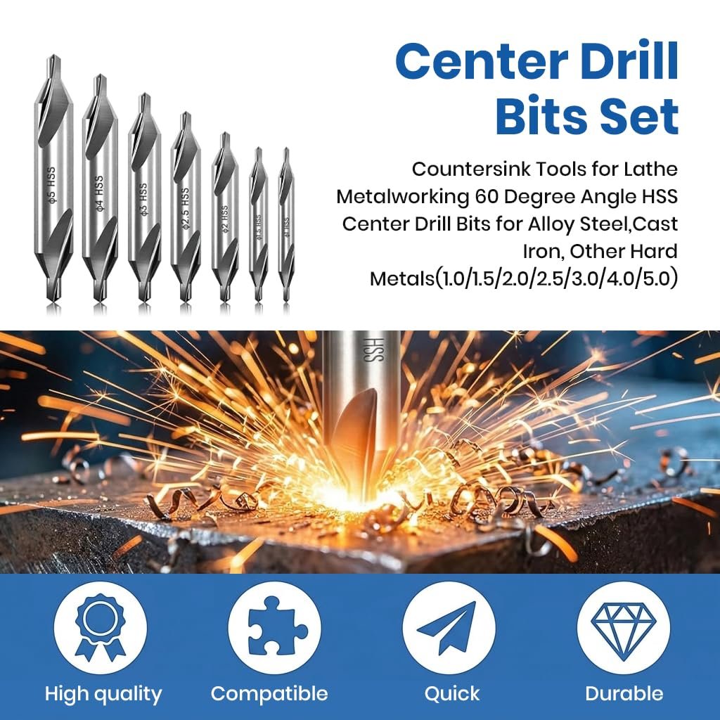 Serplex® 7 Pieces Center Drill Bits Set M2 High Speed Steel Center Drill Kit Lathe Tools with 60-Degree Angle for Lathe Metalworking and Precision Drilling in Size 1.0 1.5 2.0 2.5 3.0 4.0 5.0 - Image 4