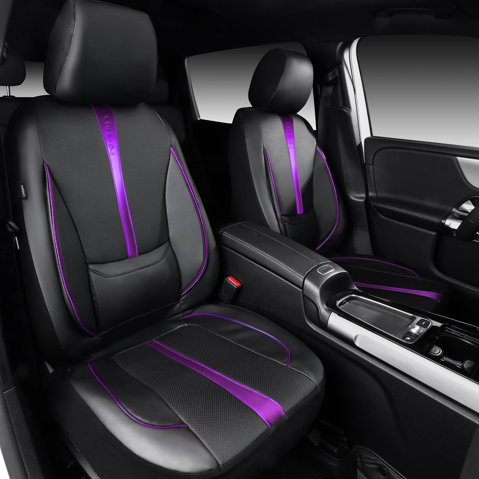 CAR PASS Nappa Leather Car Seat Covers, Water Resistant 3D Foam Faux Leather Seat Covers, Lumbar Support Automotive Seat Covers 2 Front Seats, Comfort & Universal Fit for Cars SUV Truck, Black Purple