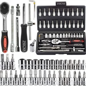ZSIGNS 46Pcs 1/4 Inch Drive Box End Socket Set,Metric Ratchet Wrench Set With 4-14Mm Cr-V Sockets,S2 Bits,Extension Bars,Mechanic Tool Kits For Household Auto Repair (Black), Chrome Vanadium Steel