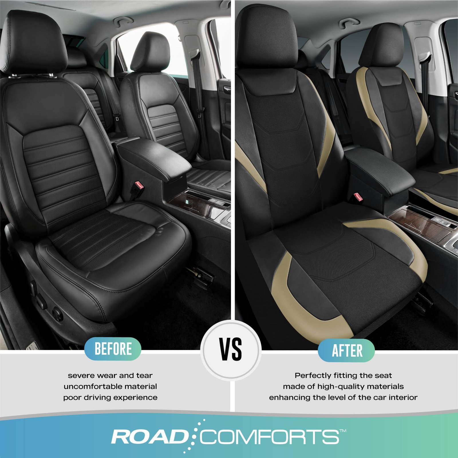 Road Comforts Car Seat Cover, Front Leather Car Seat Cover, Automotive Interior Cover, Universal Fit for Most Cars, SUVs and Trucks and Vans Airbag Compatible (Beige) - Image 4