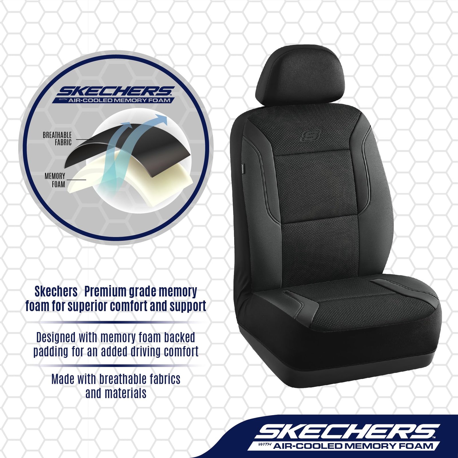 Skechers Memory Foam™ Car Seat Covers, Leather & Mesh Thick Car Seat Protection, Black Front Seat Cover, Airbag Compatible, Automotive Comfort & Protection for Most Cars, Trucks, SUVs - Image 3