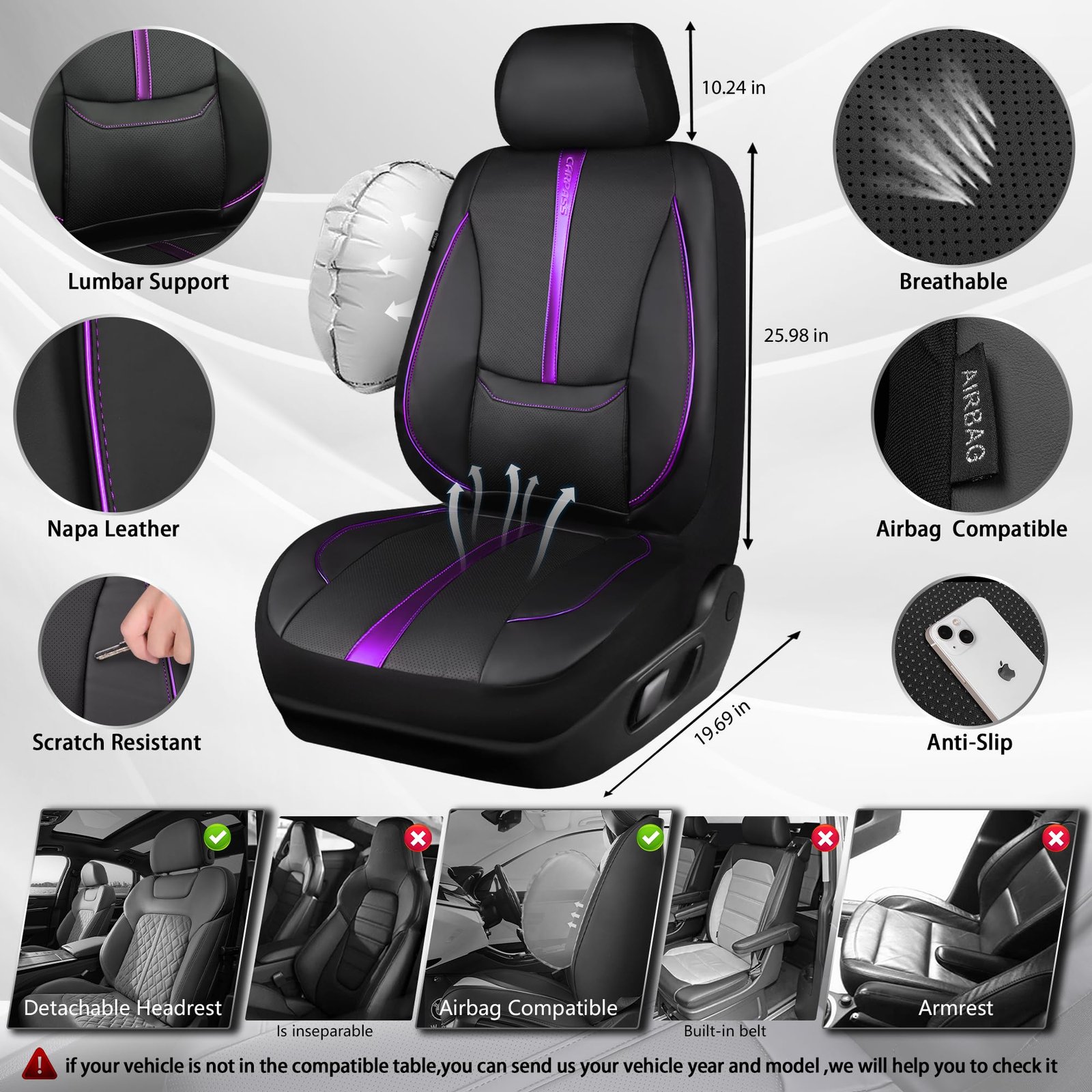 CAR PASS Nappa Leather Car Seat Covers, Water Resistant 3D Foam Faux Leather Seat Covers, Lumbar Support Automotive Seat Covers 2 Front Seats, Comfort & Universal Fit for Cars SUV Truck, Black Purple - Image 4