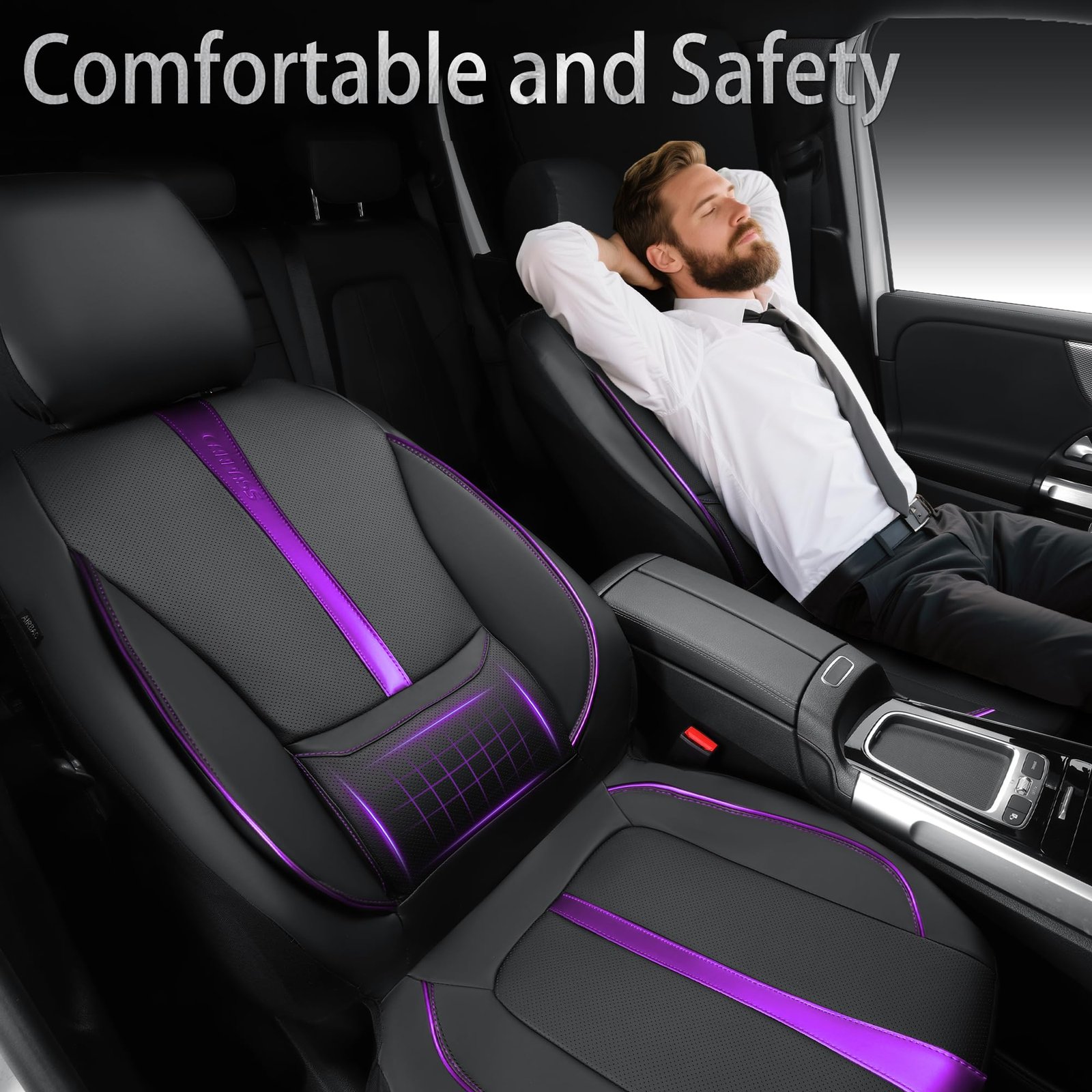 CAR PASS Nappa Leather Car Seat Covers, Water Resistant 3D Foam Faux Leather Seat Covers, Lumbar Support Automotive Seat Covers 2 Front Seats, Comfort & Universal Fit for Cars SUV Truck, Black Purple - Image 3