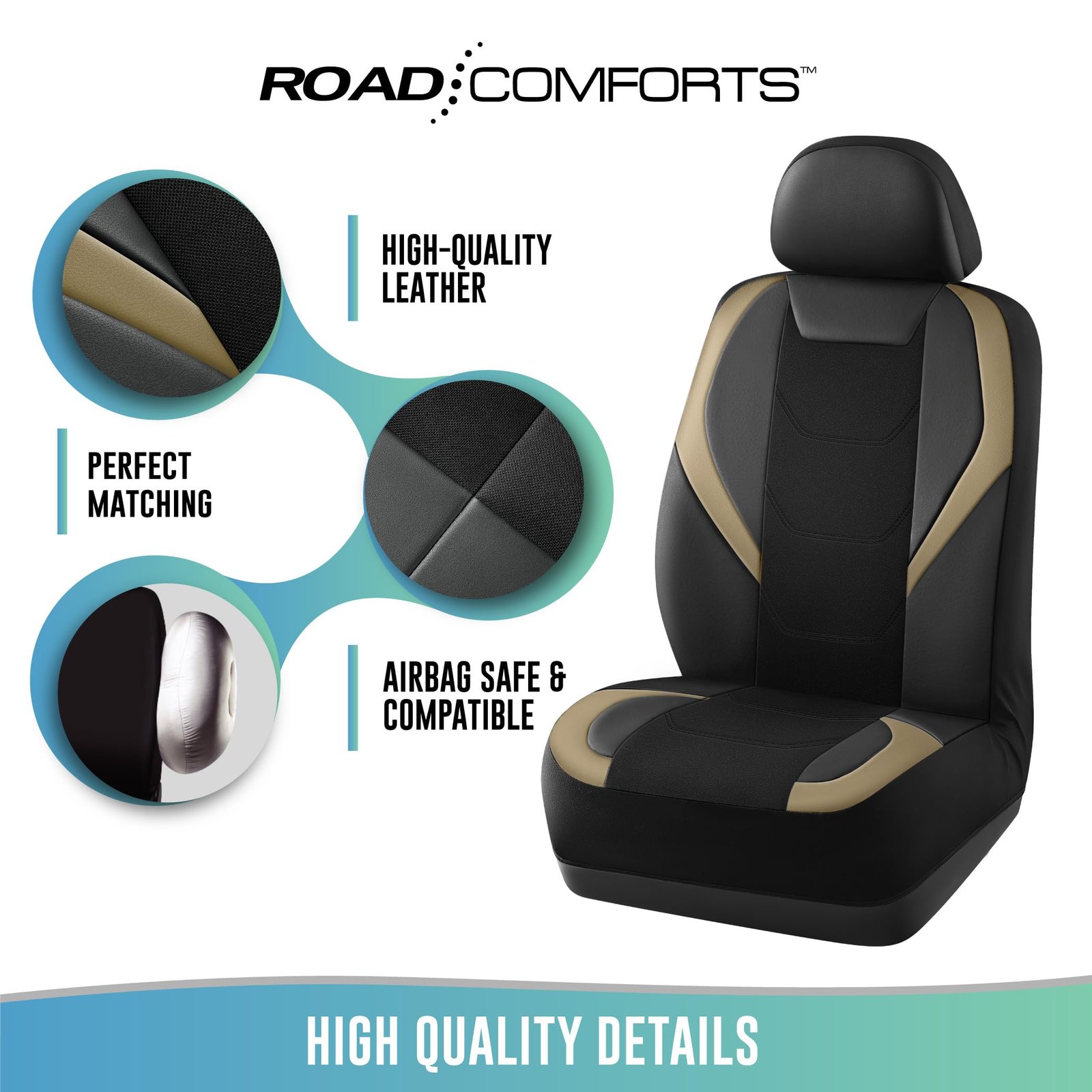 Road Comforts Car Seat Cover, Front Leather Car Seat Cover, Automotive Interior Cover, Universal Fit for Most Cars, SUVs and Trucks and Vans Airbag Compatible (Beige) - Image 6