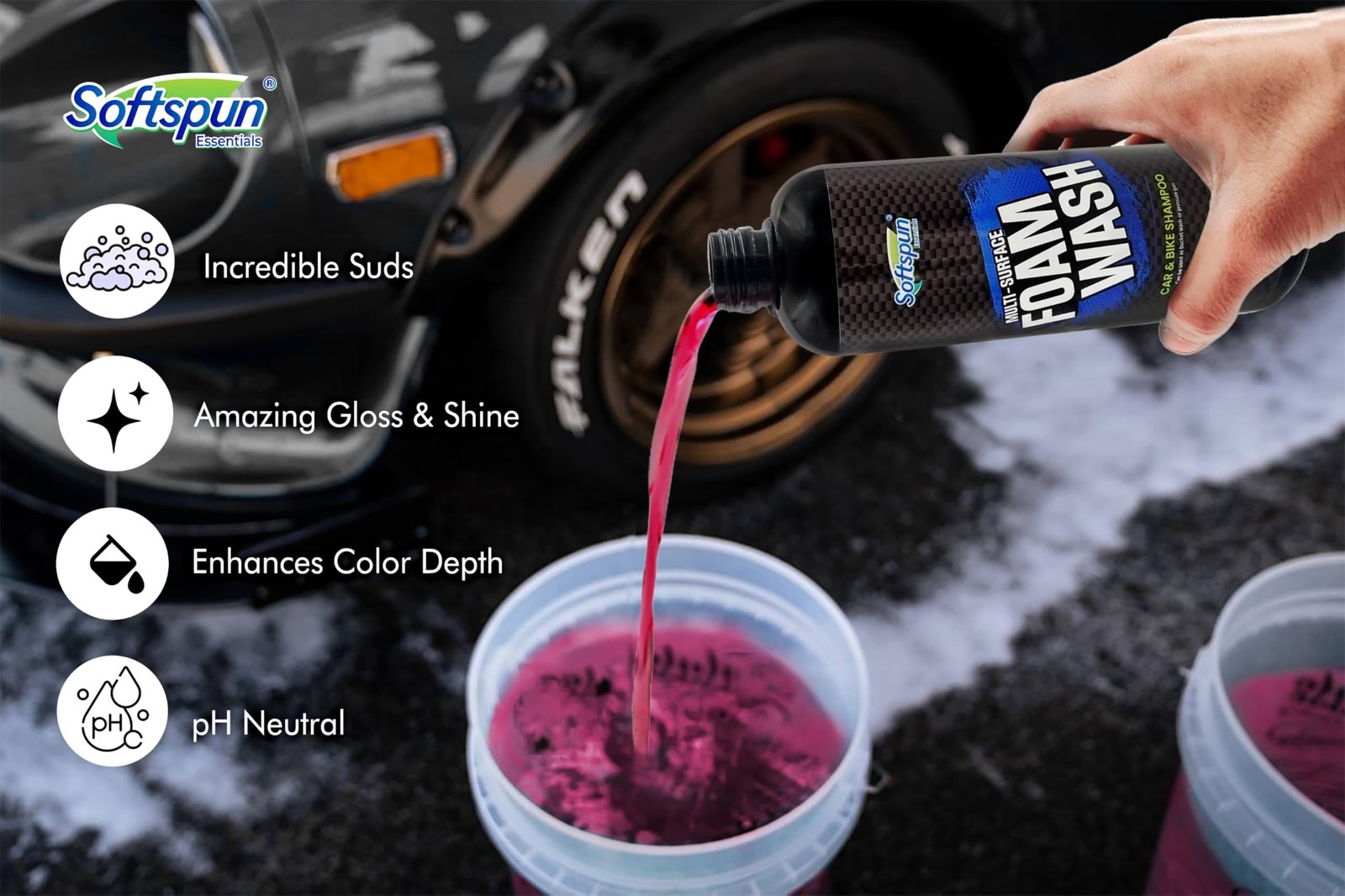 SOFTSPUN Microfiber 1Ltr Car & Bike pH Neutral Premium Liquid Shampoo+1700gsm 1pc Double Side Glove Grey Combo | Extra Suds, Removes Tough Dirt & Grime | Works with Bucket & Foam Cannon - Image 6