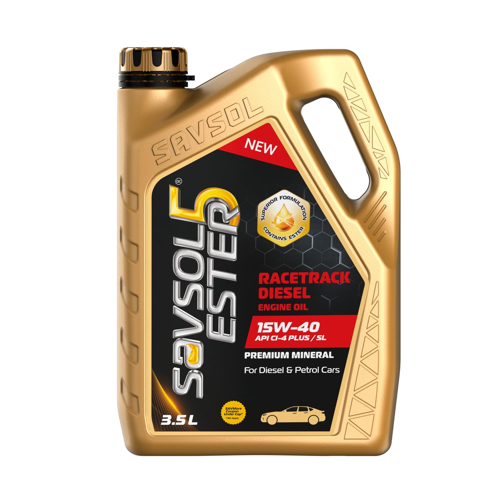 SAVSOL ESTER5 RACETRACK DIESEL 15W-40, Premium Engine Oil | Superior formulation with Ester | Get More Power & Acceleration | For Petrol & Diesel Cars (3.5L)