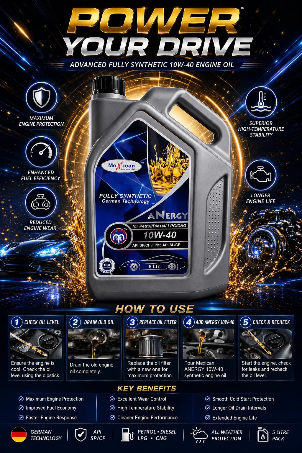 Mexican Lubricants Oil SAE 10W-40 Full Synthetic Engine Oil | API SN/CF, ACEA A3/B4 | For Petrol & Diesel Cars | 3.5 Litre - Image 3