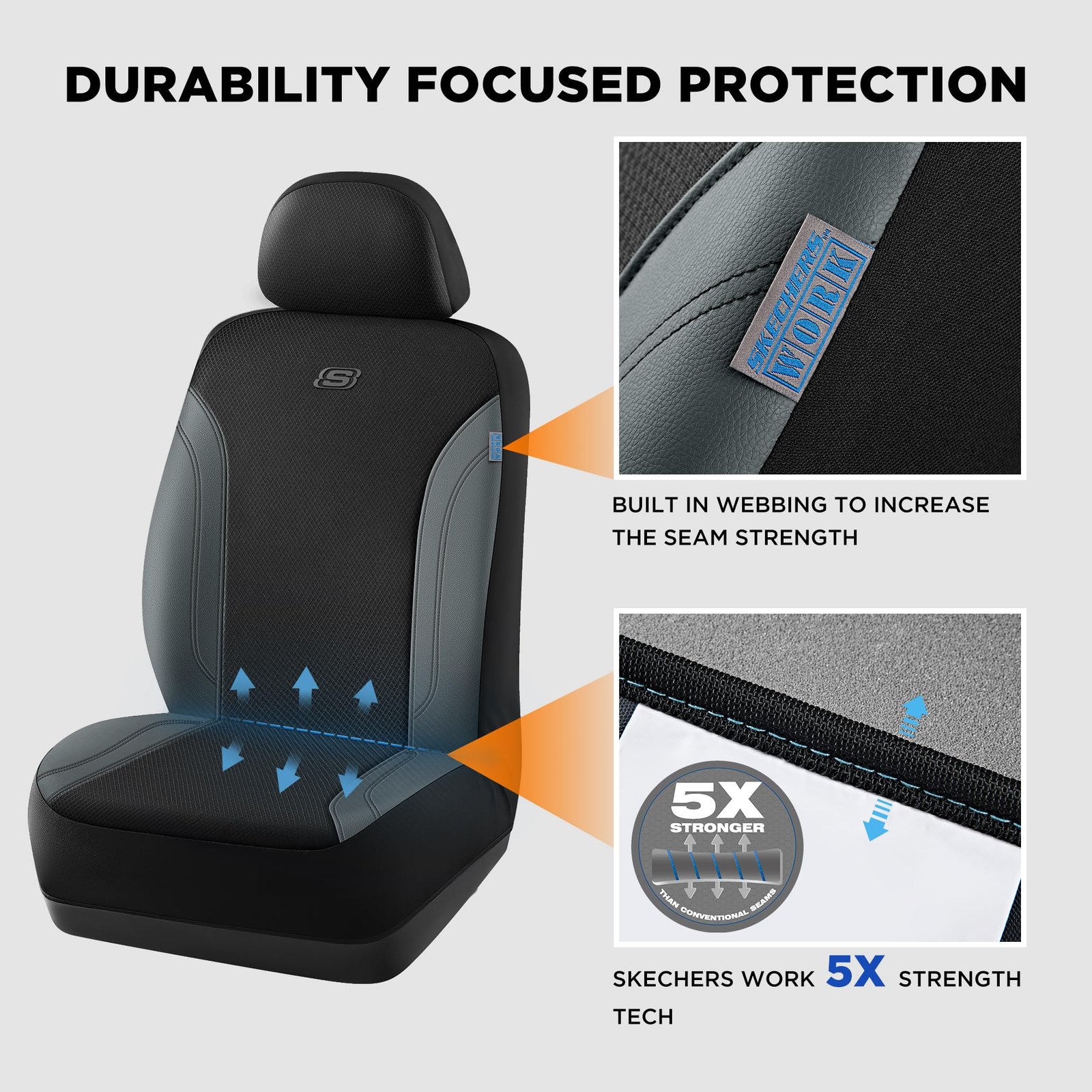 Skechers Work Car Seat Covers,Leather Seat Covers,5-Times Stronger Built in Webbing, Oxford Fabric Car Seat Cover,Airbag Compatible,Automotive Comfort for Most Cars,Trucks,SUVs (Grey,Two Front) - Image 5