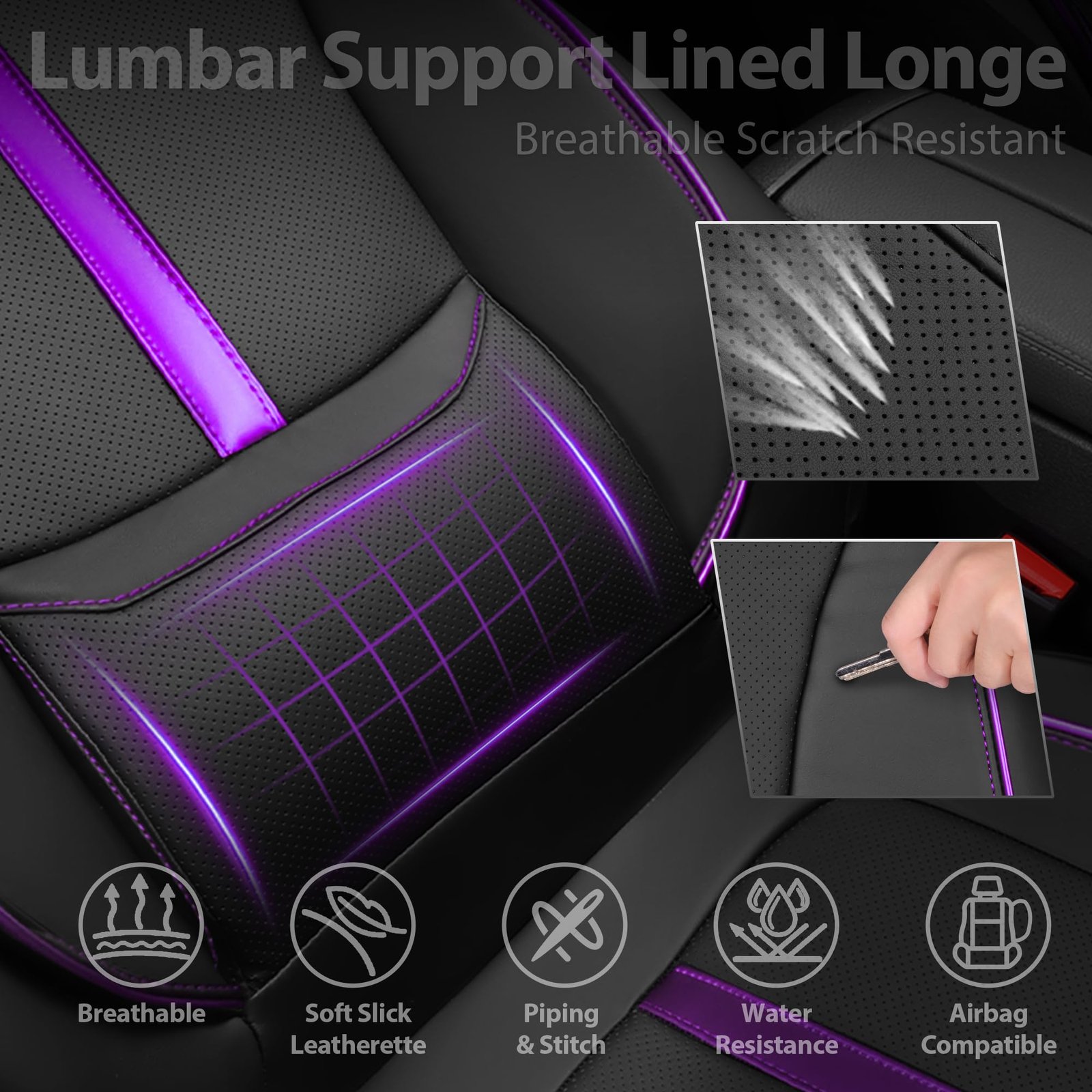 CAR PASS Nappa Leather Car Seat Covers, Water Resistant 3D Foam Faux Leather Seat Covers, Lumbar Support Automotive Seat Covers 2 Front Seats, Comfort & Universal Fit for Cars SUV Truck, Black Purple - Image 5