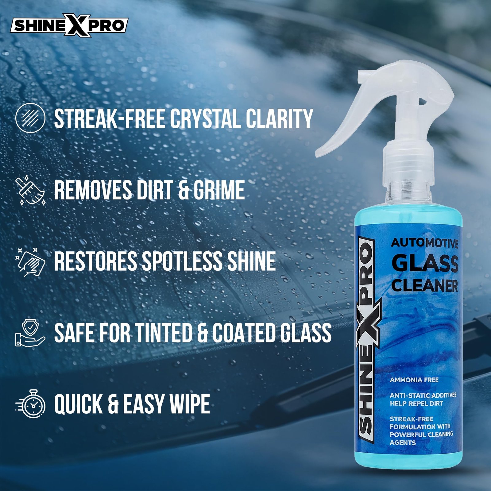 ShineXPro Glass Cleaner Spray 300 ml - Streak Free Car Glass Cleaner Liquid with Anti-Static Additives - Windshield Cleaner safe for both Tinted & Coated Glass with Powerful Cleaning Agents - Image 2