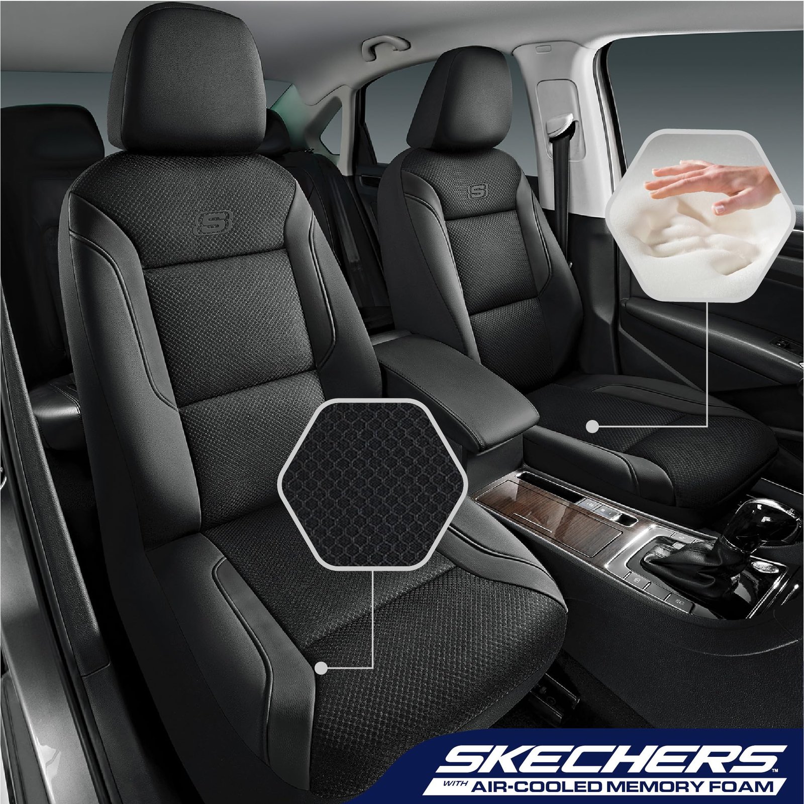 Skechers Memory Foam™ Car Seat Covers, Leather & Mesh Thick Car Seat Protection, Black Front Seat Cover, Airbag Compatible, Automotive Comfort & Protection for Most Cars, Trucks, SUVs - Image 2