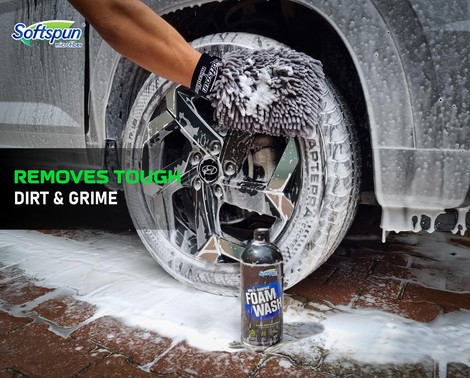 SOFTSPUN Microfiber 1Ltr Car & Bike pH Neutral Premium Liquid Shampoo+1700gsm 1pc Double Side Glove Grey Combo | Extra Suds, Removes Tough Dirt & Grime | Works with Bucket & Foam Cannon - Image 4