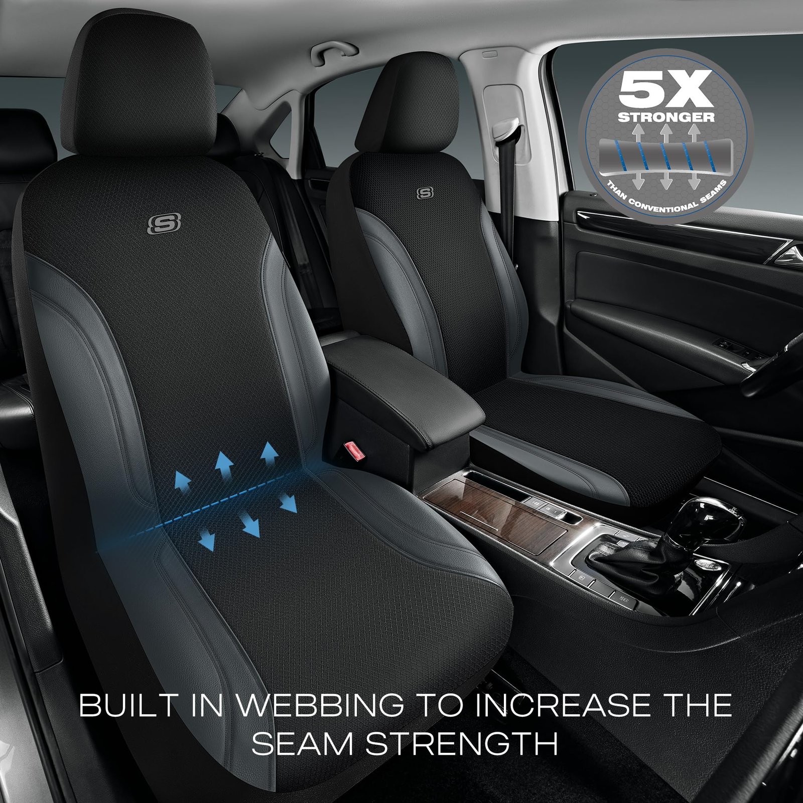 Skechers Work Car Seat Covers,Leather Seat Covers,5-Times Stronger Built in Webbing, Oxford Fabric Car Seat Cover,Airbag Compatible,Automotive Comfort for Most Cars,Trucks,SUVs (Grey,Two Front) - Image 2