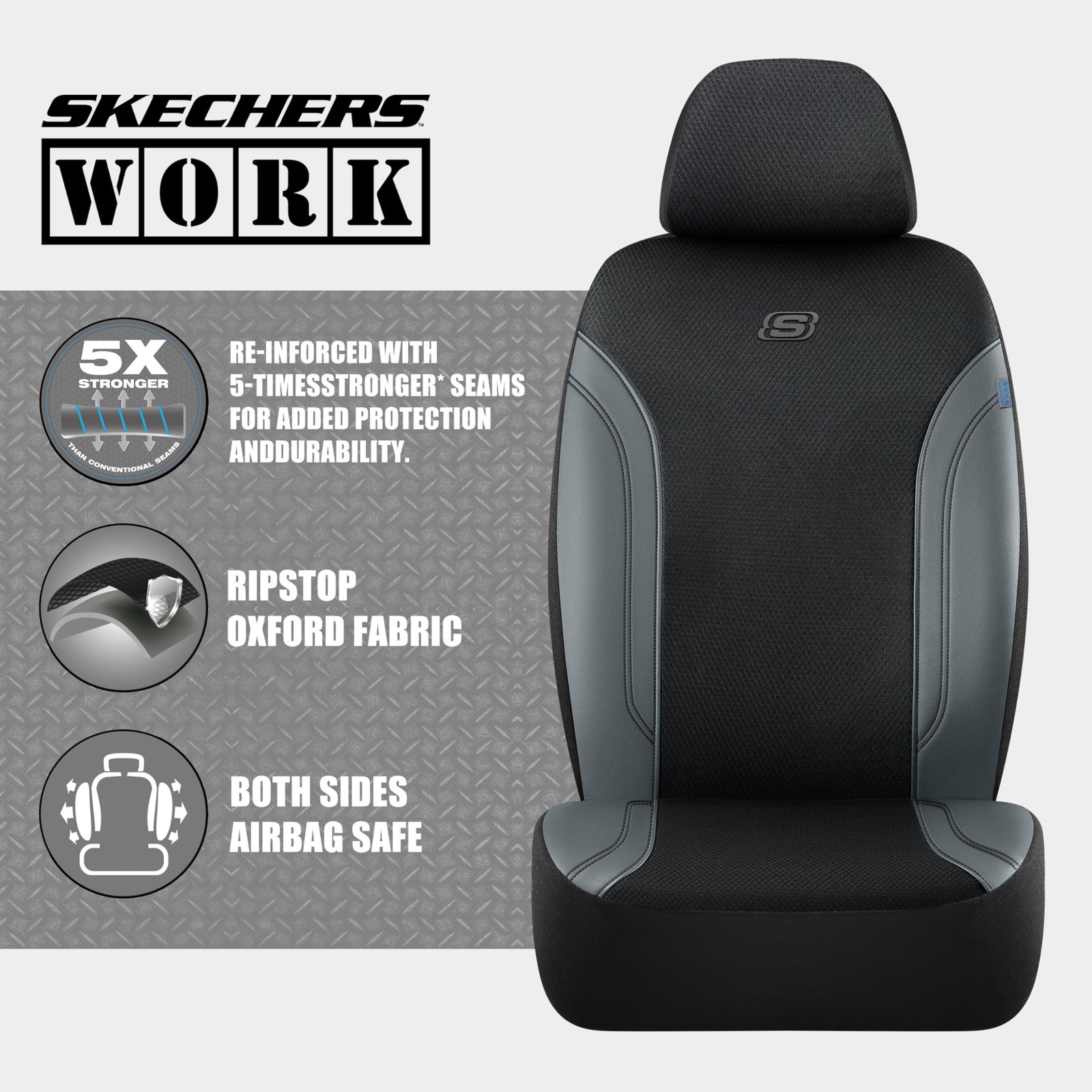 Skechers Work Car Seat Covers,Leather Seat Covers,5-Times Stronger Built in Webbing, Oxford Fabric Car Seat Cover,Airbag Compatible,Automotive Comfort for Most Cars,Trucks,SUVs (Grey,Two Front) - Image 4