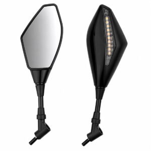 Universal Motorcycle Rear View Mirror Set with Integrated LED Turn Indicators, Angular Black Bike Side Mirrors with Clear Glass, Wired 8mm/10mm Threaded Mount, Left & Right Set of 2