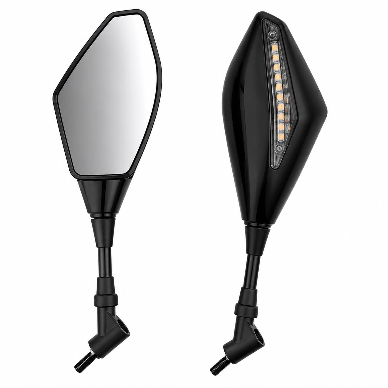 Universal Motorcycle Rear View Mirror Set with Integrated LED Turn Indicators, Angular Black Bike Side Mirrors with Clear Glass, Wired 8mm/10mm Threaded Mount, Left & Right Set of 2
