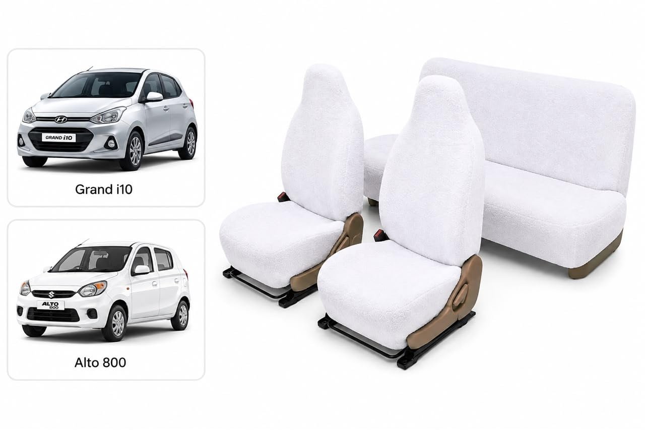 Royal Bharmal White i10 Universal Car Towel Seat Cover Set for Front & Rear Seats | 100% Cotton Terry Fabric | Sweat Absorbent Washable Soft Seat Protector | Universal Fit for Most 5 Seater Cars - Image 8