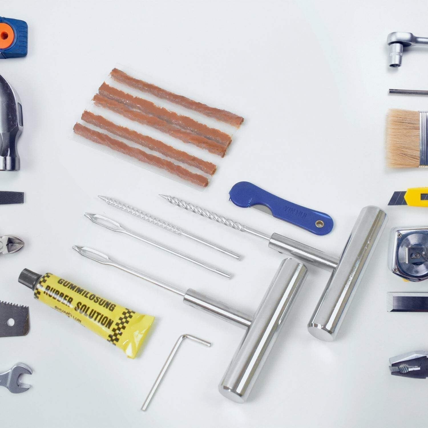 Portable Tire Repair Kit Tyre Repairing Tool Set with Box for Automobiles/Motorcycles/Electric Vehicles, Anti-Rust/Durable (13 Pcs Set) - Image 2