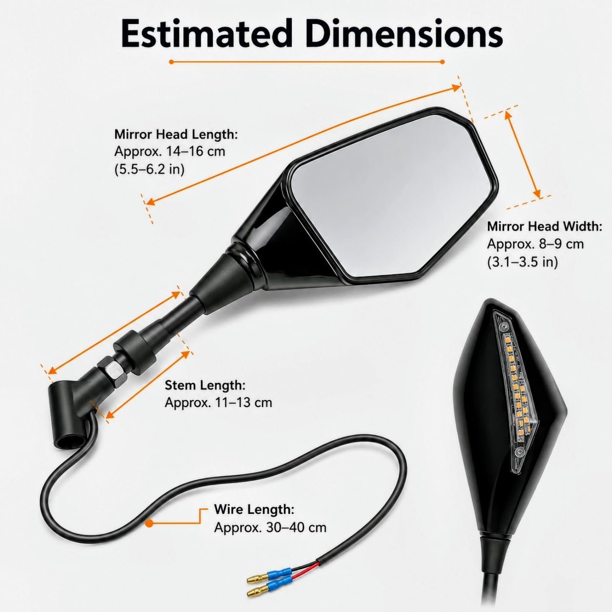 Universal Motorcycle Rear View Mirror Set with Integrated LED Turn Indicators, Angular Black Bike Side Mirrors with Clear Glass, Wired 8mm/10mm Threaded Mount, Left & Right Set of 2 - Image 8