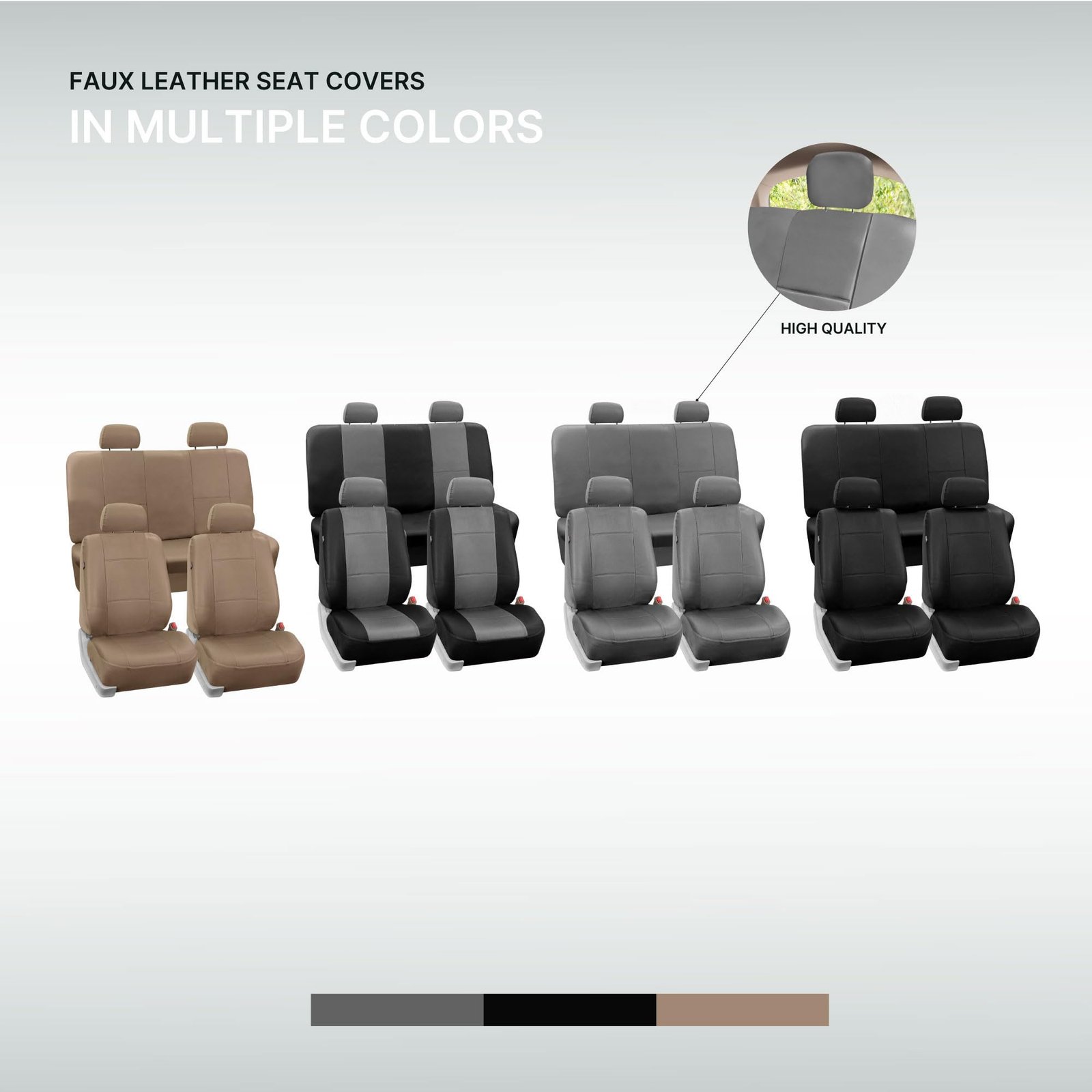 Universal Fit Seat Cover - Faux Leather (Gray/Black) (Full Set with 4 Headrest Covers) - Image 7