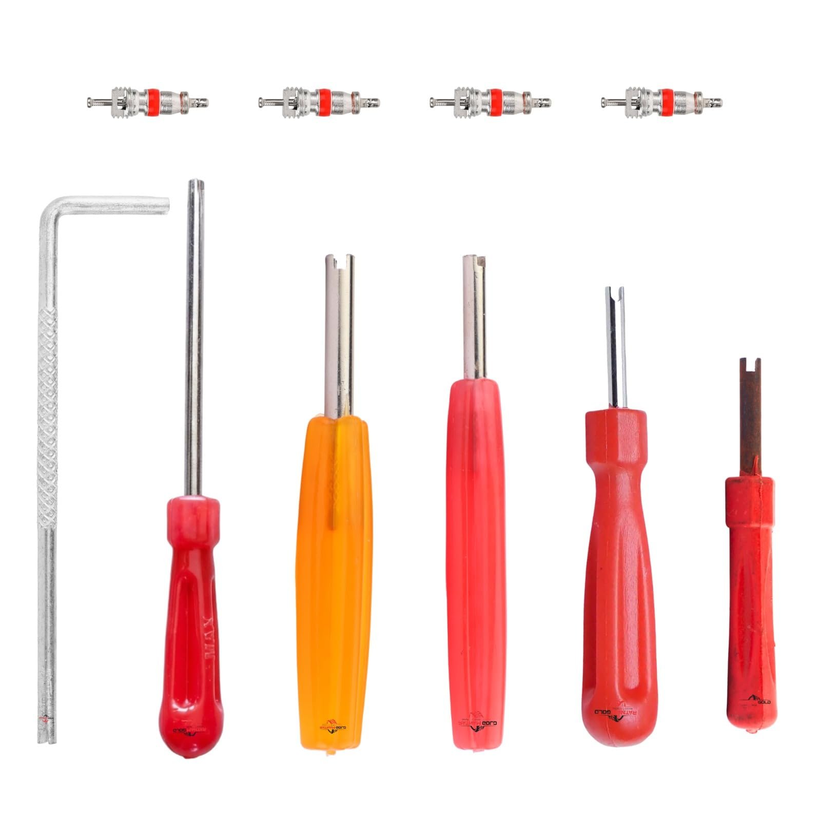 10 Pcs Tyre Valve Repair Tool Kit | Truck Valve Die Long Size, Valve Core Remover Key, Valve Dies & Standard Valve Cores | Tyre Valve Maintenance & Repair Combo Set