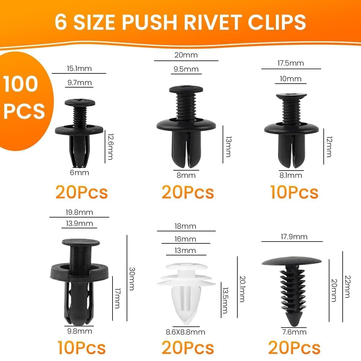 Kasiba Sale 100 PC Universal Car Bumper Clips Lock Kit, 6mm 7mm 8mm 9mm Push Clips with Trim Removal Tool, Durable Retainer Clips for Car Panels, Doors and Fenders