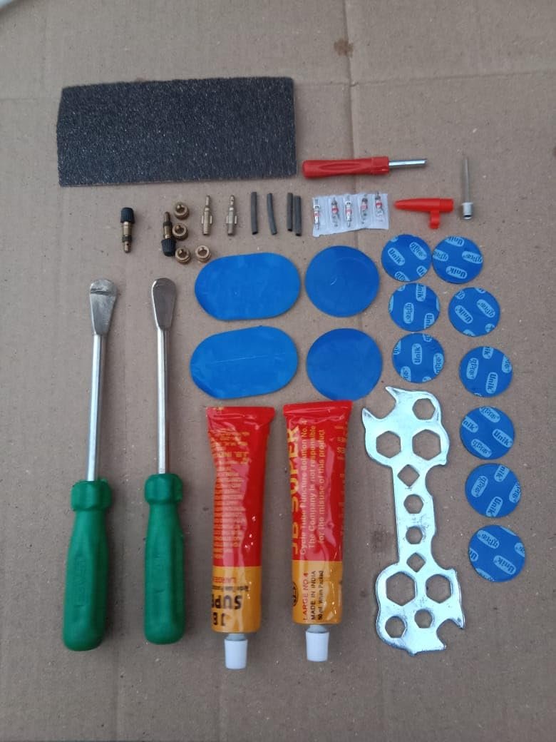 Bicycle Tire Repair Kit with Tools, Patches, Glue, Sandpaper, Screwdrivers, Metal Levers, 24 Pieces